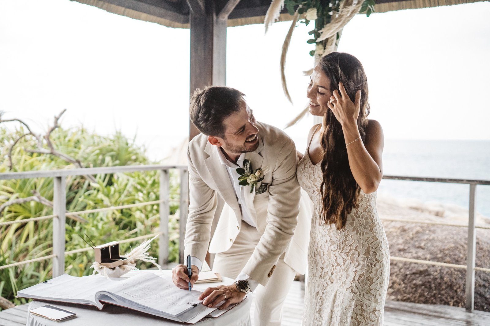 Editorial wedding detail — bouquet with Seychelles frangipani